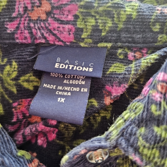 Basic Editions Plus 100% Cotton Navy Floral Corduroy Button Down Blouse 1X - Picture 4 of 4